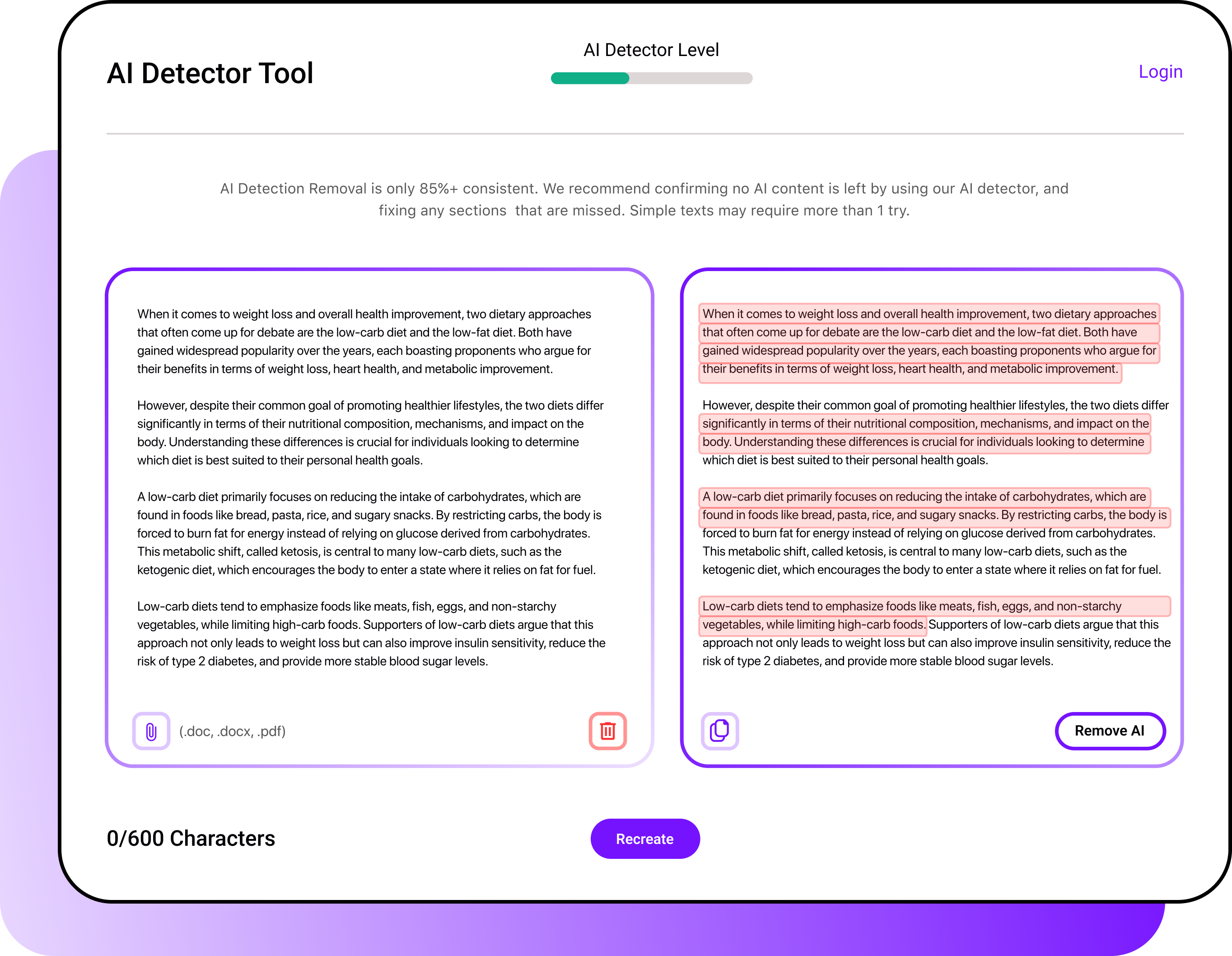 Smodin AI Detector UI displaying detected AI text highlighted in red, with options to remove AI content, upload, and recreate.