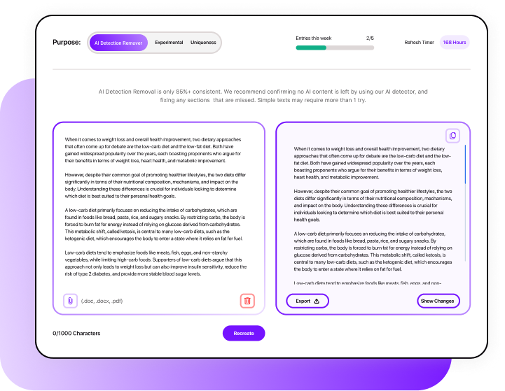Smodin graphic of its AI Detection Remover with input and output fields, side-by-side text comparison, and file upload.