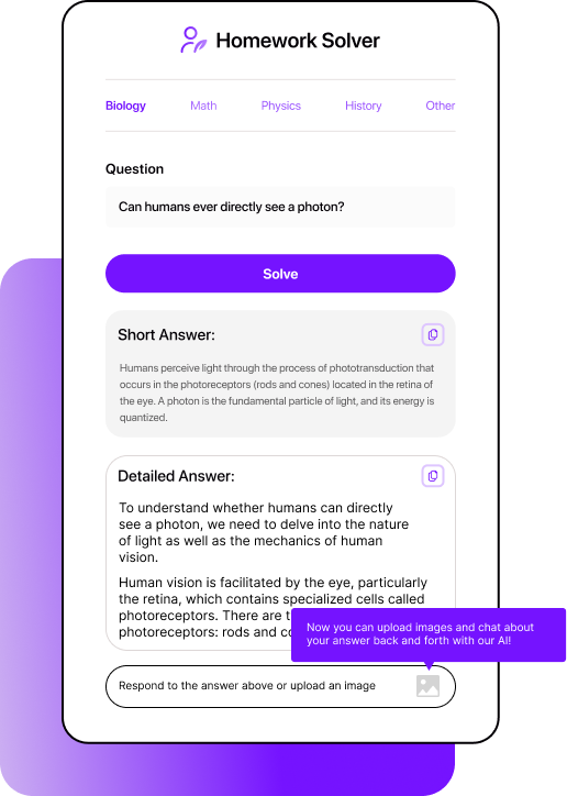 Graphic of Smodin homework solver displaying a biology question, with short and detailed answers, & an image upload option.